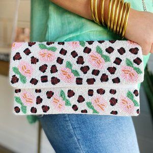 Pink Rose Leopard Print Animal Jungle Theme Floral Crossbody Beaded Clutch NEW